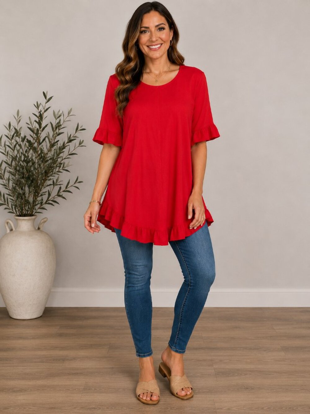 Red High Low Ruffle Blouse Tunic Large | Keyhole Back Buttons Short Sleeve NWOT